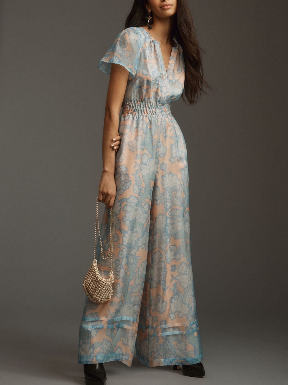 Anthropologie Floral Wide-Leg Jumpsuit in Peach & Light Blue M